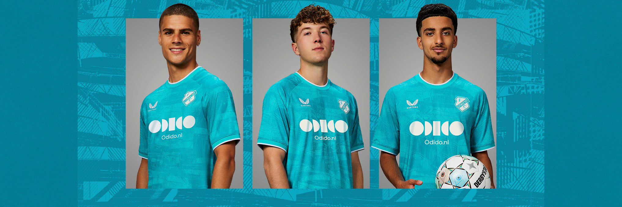 Derde Tenue banner with three players in turquoise away jerseys with Odido sponsor and club crest on a teal patterned backdrop