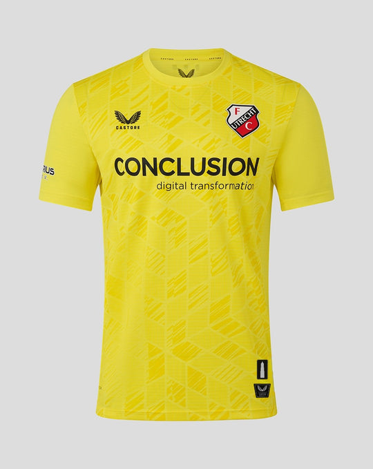 Front view of FC Utrecht keeper shirt 25/26 for men in bright yellow with geometric pattern and CONCLUSION sponsor
