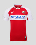 Front view of red FC Utrecht fourth shirt with white chest band, crest on the left chest and blue CONCLUSION sponsor across the front.