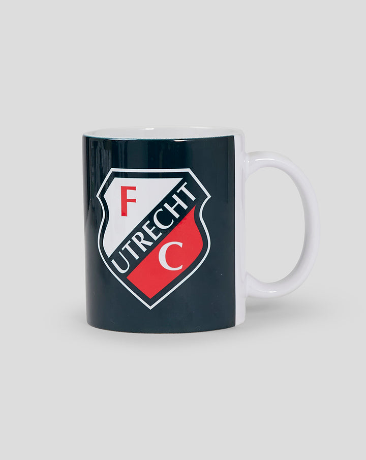 White ceramic mug featuring FC Utrecht crest on a dark blue panel