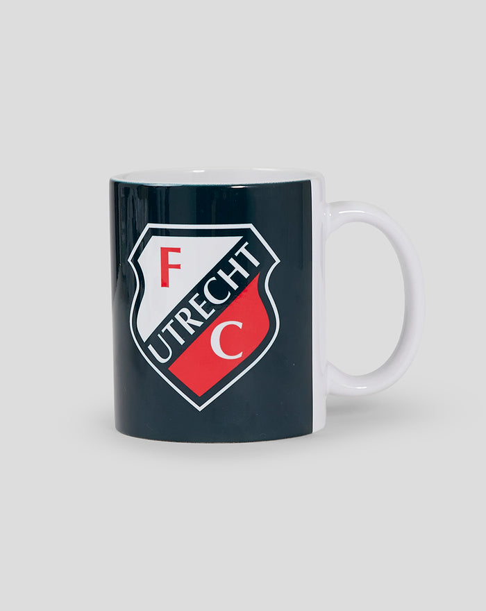 White ceramic mug featuring FC Utrecht crest on a dark blue panel