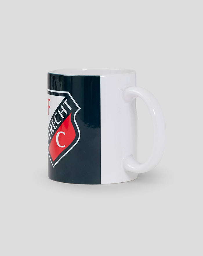 Side view of white ceramic mug showing FC Utrecht crest wrapping around the side
