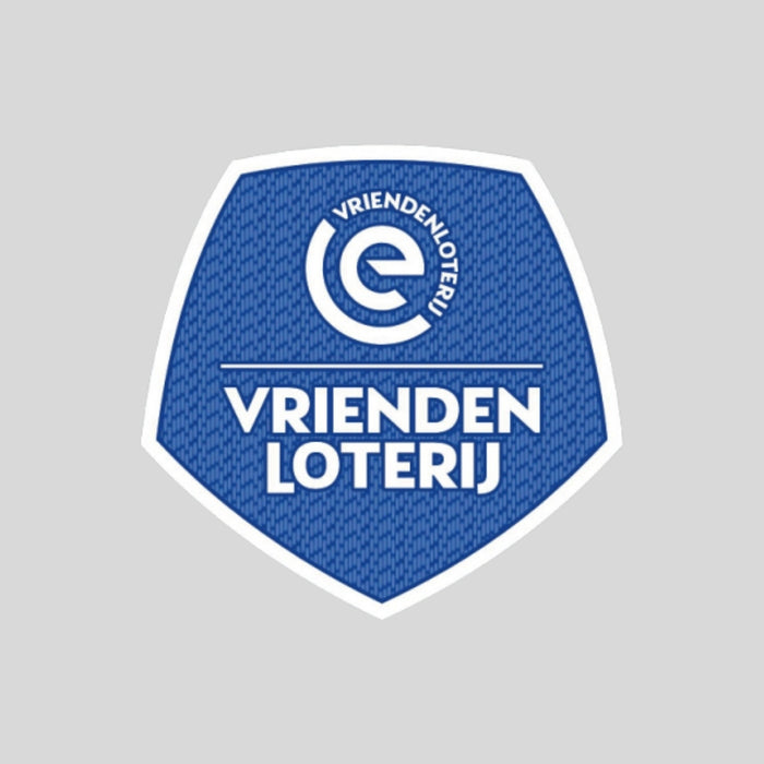Blue shield badge with Eredivisie logo and VRIENDEN LOTERIJ text on a light gray background