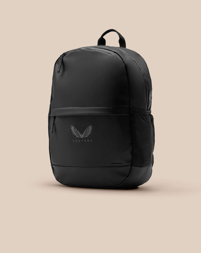 Gunmetal Castore Core Backpack front view with top handle logo and zippered pockets