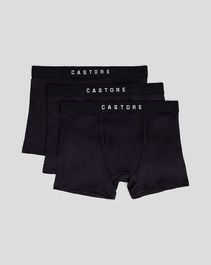 Set of three black Castore core boxers with a branded waistband