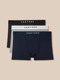Three-pack Castore boxer briefs in black gray and navy with branded waistbands