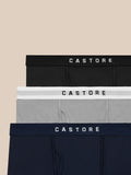 Stacked Castore boxer briefs showing black gray and navy waistbands with logo