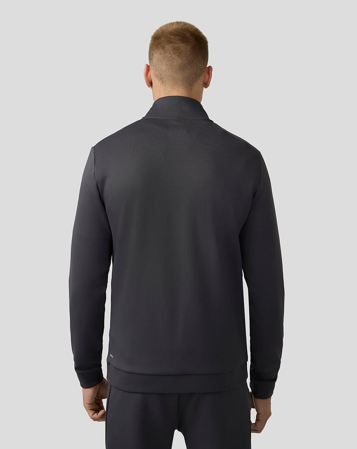 Achterkant van donkergrijze Scuba Top voor heren met lange mouwen en rechte pasvorm.