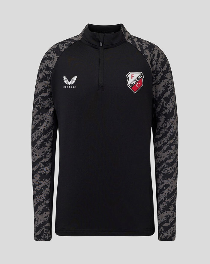 Front view of black FC Utrecht training midlayer top for juniors with camo sleeves; crest and Castore logo on chest.