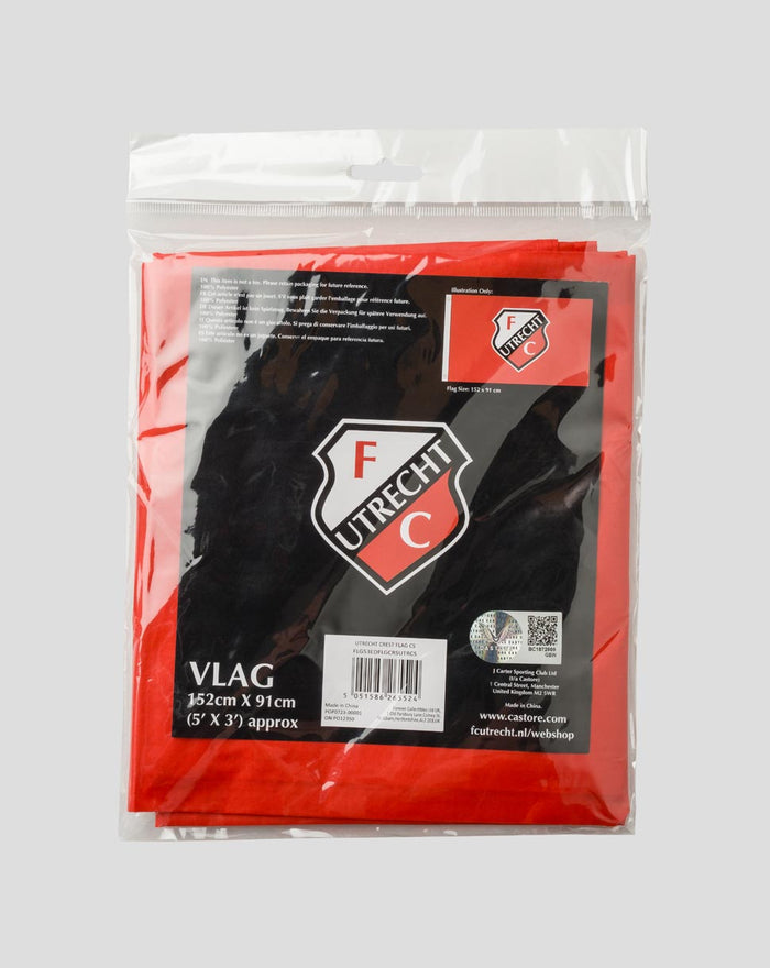 Red FC Utrecht club crest flag in plastic packaging showing shield logo and 152 cm by 91 cm size