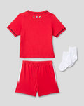 Back view of FC Utrecht Thuistenue Baby 2026/27 home kit with red shirt showing small badges near the collar and matching shorts
