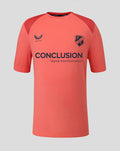 Front view of coral FC Utrecht training T shirt with crest and sponsor logo