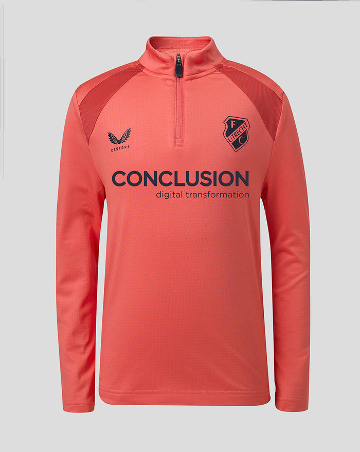 Rosé men's FC Utrecht training midlayer top with zip neck crest on left chest and CONCLUSION logo across the front