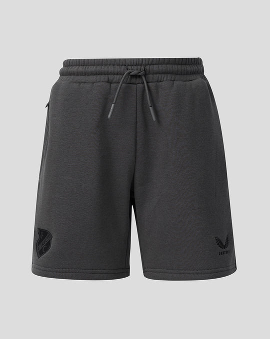 Dark gray FC Utrecht Travel fleece shorts for juniors with drawstring waist and side pockets, team crest on left leg.