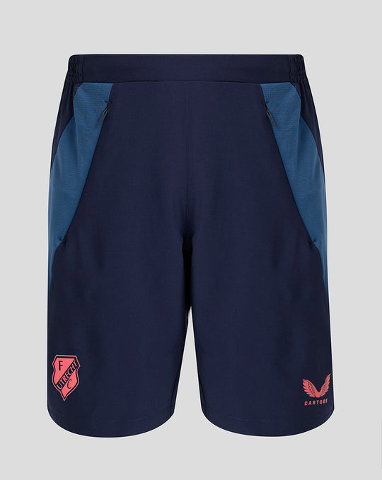 Navy blue FC Utrecht junior training shorts with light blue side panels and zip pockets