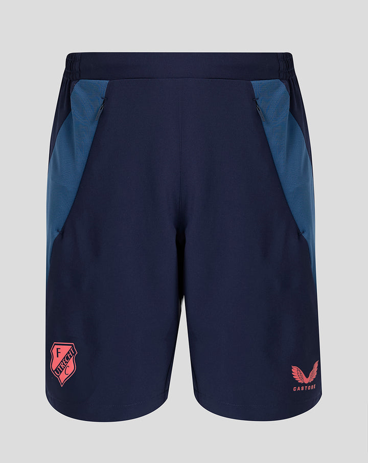 Navy blue FC Utrecht junior training shorts with light blue side panels and zip pockets