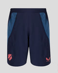 Navy blue FC Utrecht junior training shorts with light blue side panels and zip pockets
