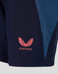 Close up of the Castore logo on navy training shorts