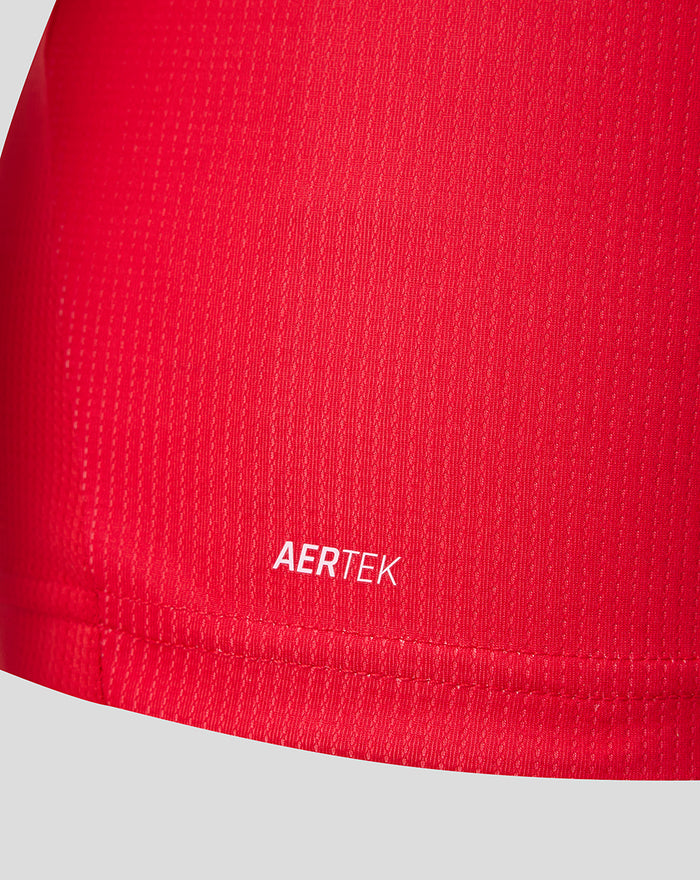 Close up of red FC Utrecht home shirt fabric with AERTEK branding