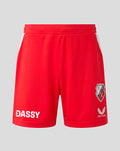 Red FC Utrecht junior home shorts with white side panels, DASSY logo and club crest