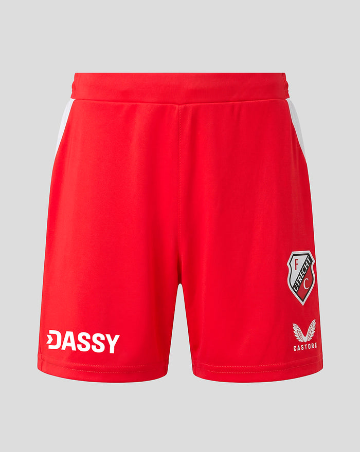 Red FC Utrecht junior home shorts with white side panels, DASSY logo and club crest