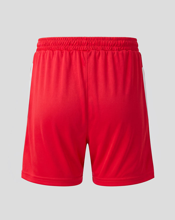 Back view of red FC Utrecht junior home shorts with elastic waistband