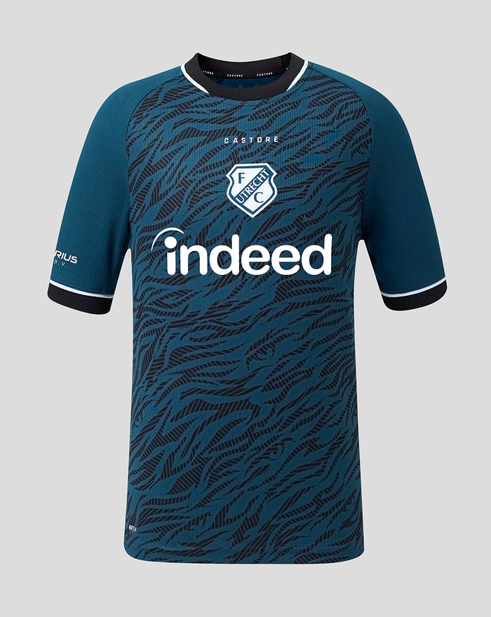 Front view of the FC Utrecht 26/27 junior away shirt in teal with tiger stripe pattern and the indeed sponsor logo on the chest.