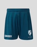 Front view of teal FC Utrecht Uitshort junior with DASSY branding on left leg and the club crest on the right.
