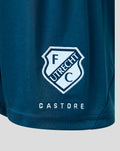 Close-up of teal shorts showing the FC Utrecht crest with CASTORE branding underneath.