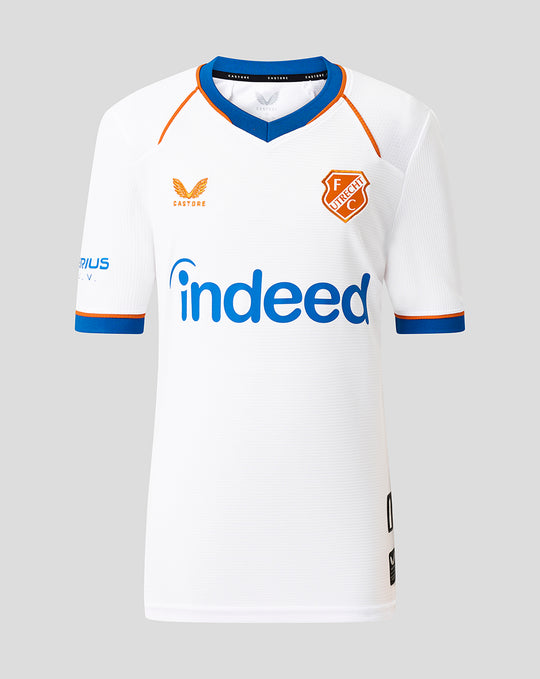 Front view of white FC Utrecht junior third jersey with orange blue trim and large blue Indeed logo across the chest
