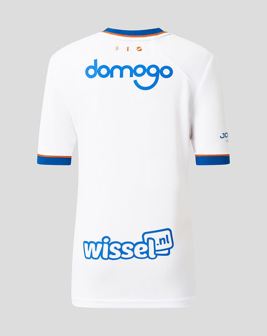 Back view of white FC Utrecht junior third jersey with domogo logo across upper back and wissel.nl at lower back