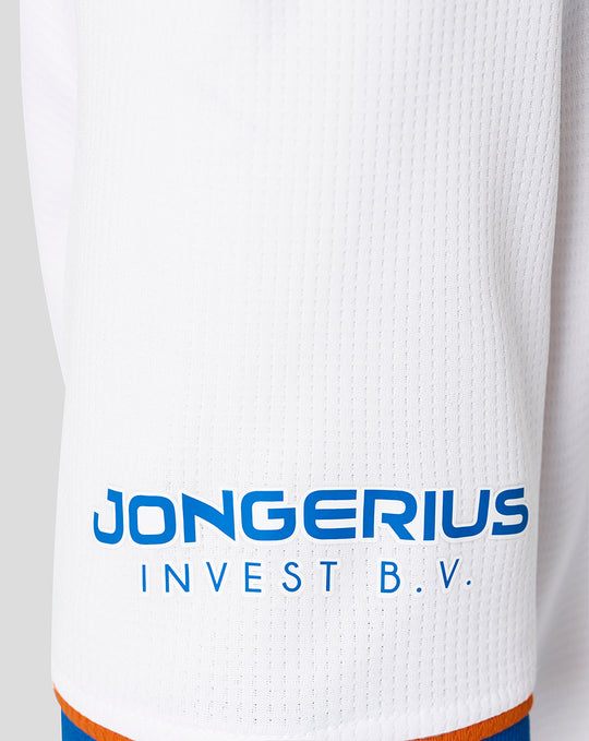 Close-up of white FC Utrecht junior third kit fabric with perforations and blue JONGERIUS INVEST B.V. text at the hem