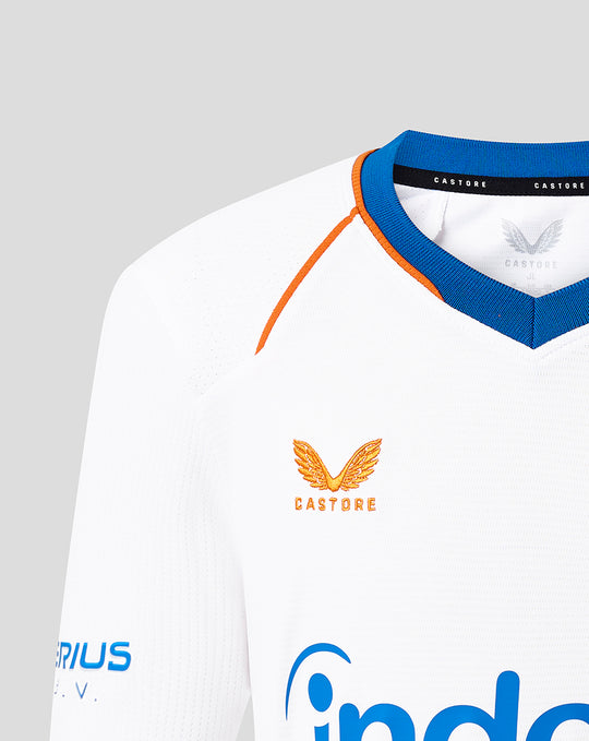 Front close up of white FC Utrecht third shirt for juniors with orange wing crest and blue V-neck collar.