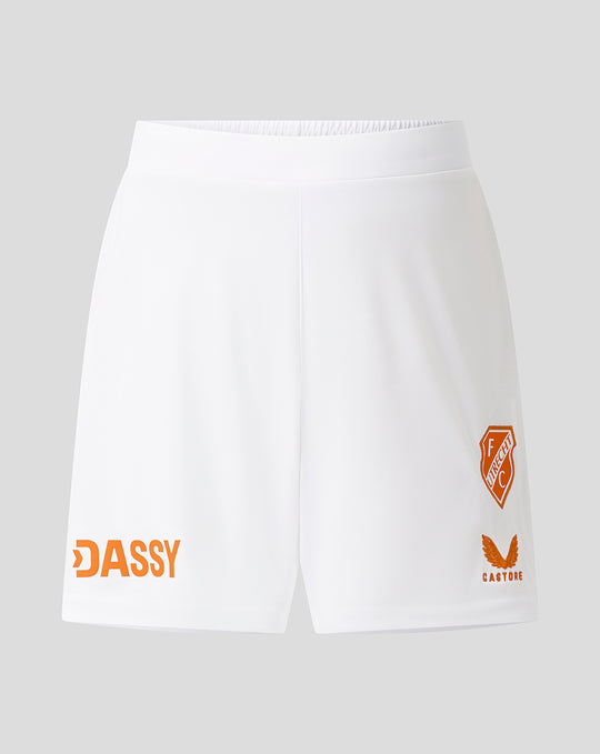 Witte FC Utrecht Derde Short voor junioren met oranje clublogo en DASSY branding op de zijkant