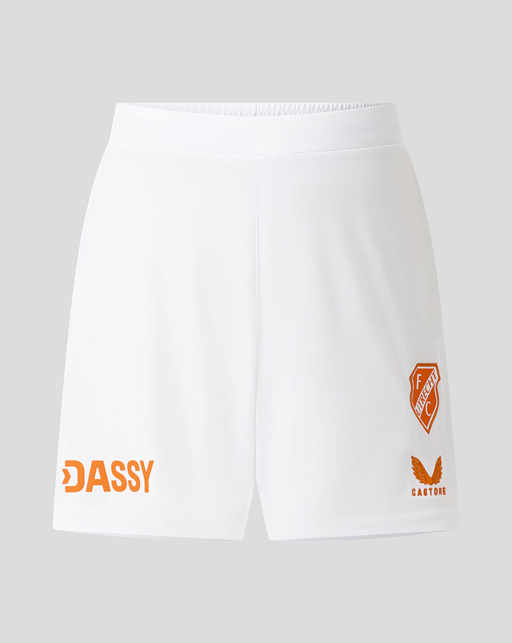 Witte FC Utrecht Derde Short voor junioren met oranje clublogo en DASSY branding op de zijkant
