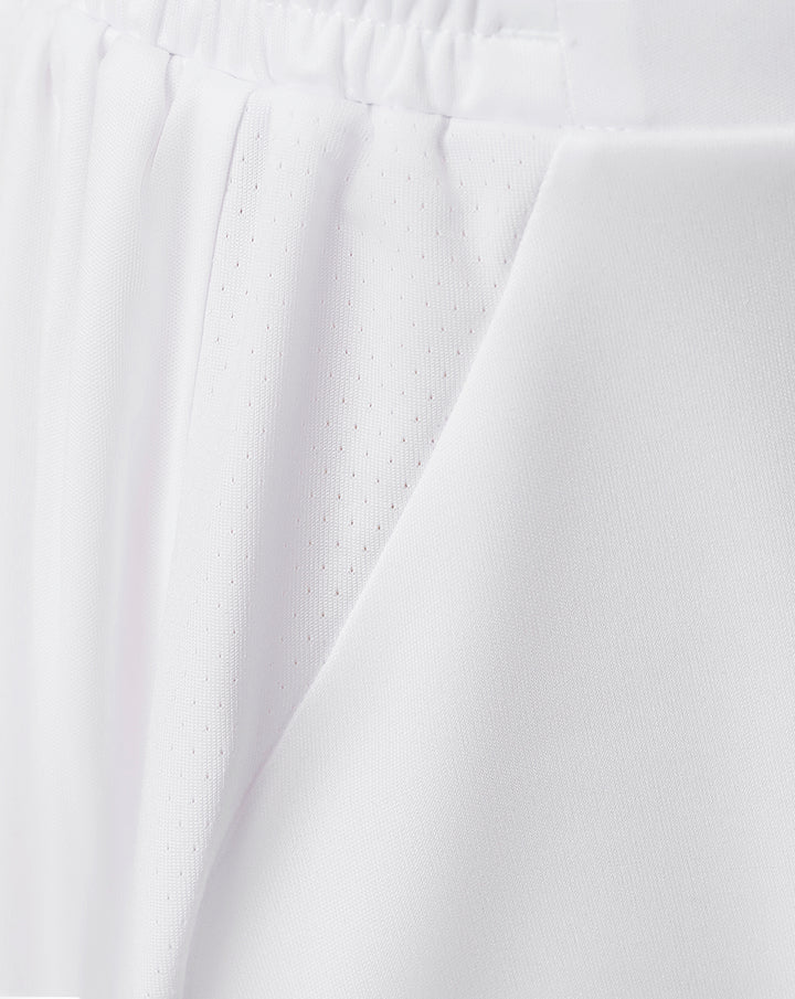 Close-up of white shorts fabric showing perforated panels and waistband stitching