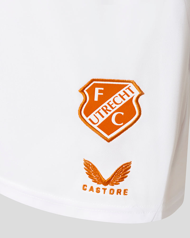 White FC Utrecht third shorts with orange crest embroidery and Castore branding