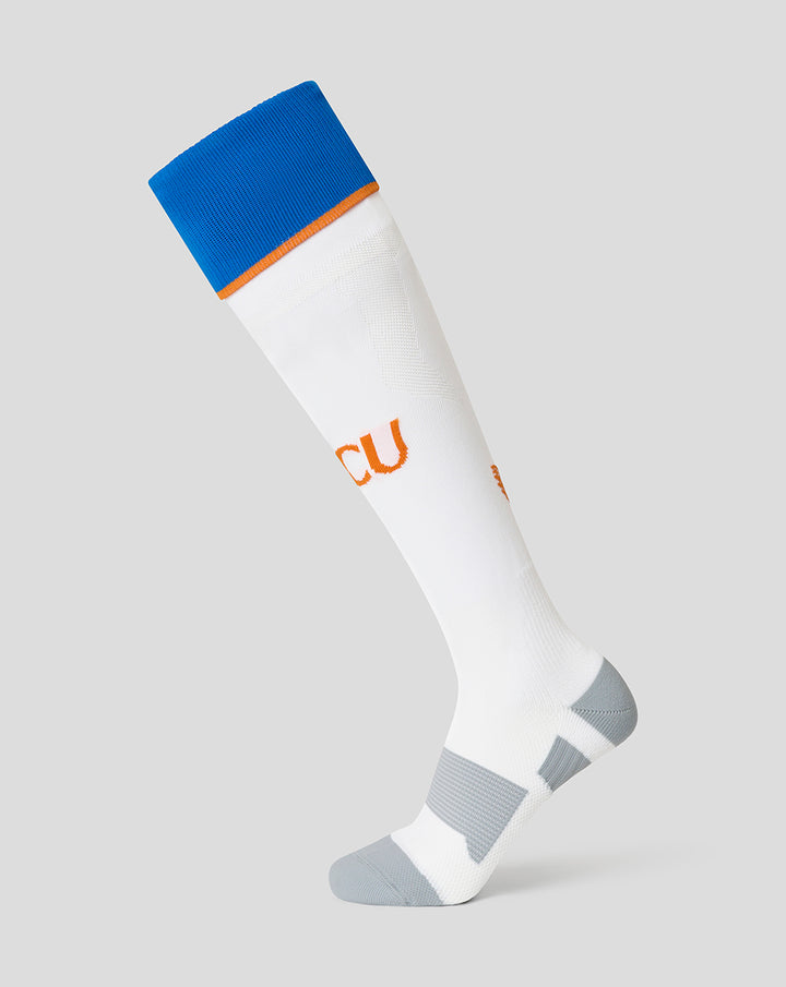 White FC Utrecht third kit sock with blue cuff orange trim and grey heel and toe