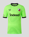 Front view of FC Utrecht junior home goalkeeper shirt 26/27 in neon green with black collar and sponsor Indeed