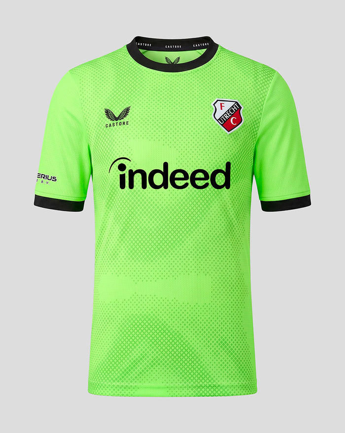 Front view of FC Utrecht junior home goalkeeper shirt 26/27 in neon green with black collar and sponsor Indeed