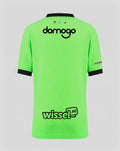 Back view of FC Utrecht junior home goalkeeper shirt in neon green with Domogo across the upper back and Wissel.nl on the lower back