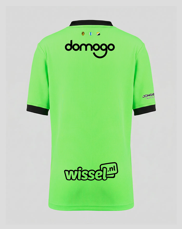 Back view of FC Utrecht junior home goalkeeper shirt in neon green with Domogo across the upper back and Wissel.nl on the lower back