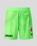 Neon green junior FC Utrecht home goalkeeper shorts with dotted pattern and team crest on the right leg
