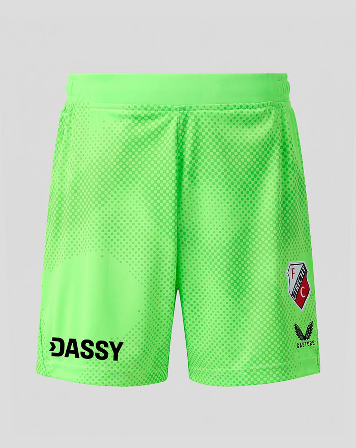 Neon green junior FC Utrecht home goalkeeper shorts with dotted pattern and team crest on the right leg