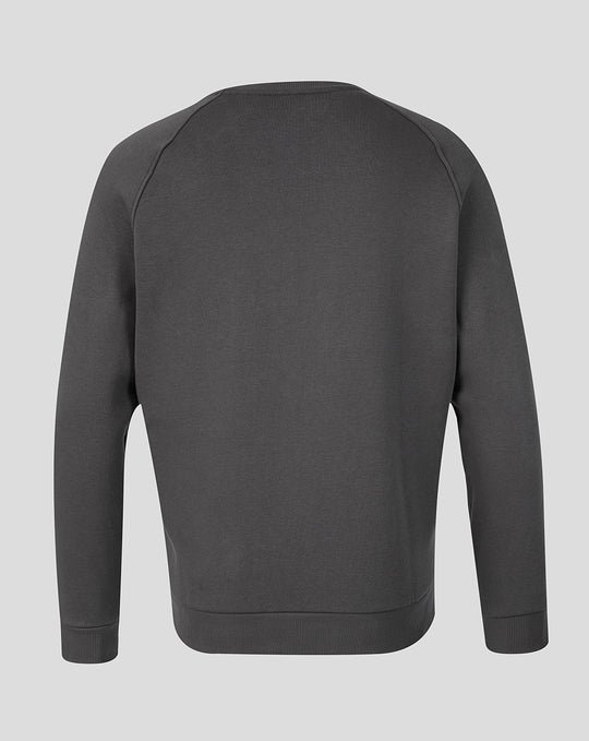 Back view of dark grey FC Utrecht Travel fleece sweater for men with ribbed cuffs and hem and no visible branding.