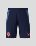 Back view of navy FC Utrecht training shorts with light blue side panels and zip pockets.