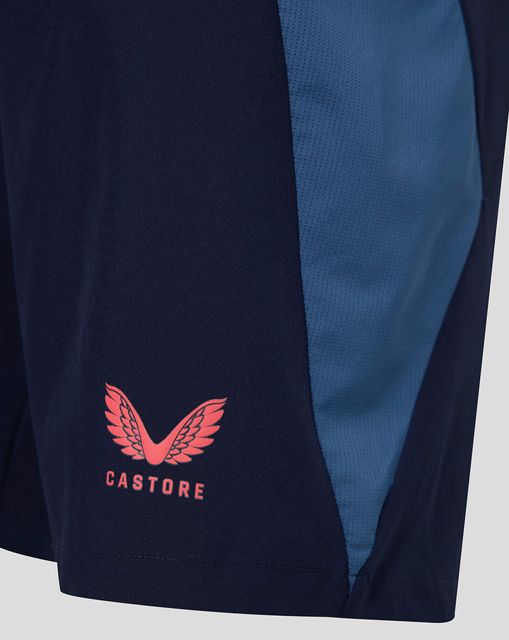 Close up of navy and light blue panels on FC Utrecht shorts with a pink Castore logo on the leg.