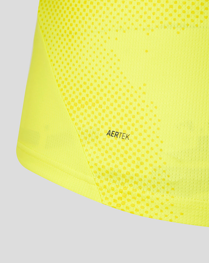 Hem detail of bright yellow FC Utrecht keeper shirt with AERTEK branding along the edge