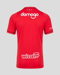 Back view of red FC Utrecht home shirt with large white Domogo sponsor across the upper back