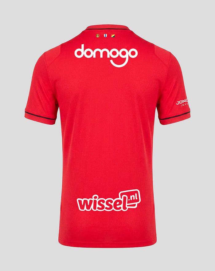 Back view of red FC Utrecht home shirt with large white Domogo sponsor across the upper back